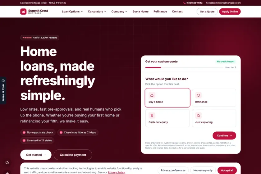 Summit Crest Mortgage — Crimson — Dark split with live quote mortgage website design preview